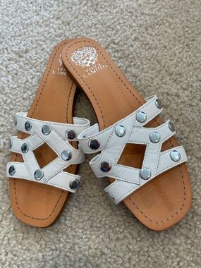 Vince Camuto White Leather Studded Slide Sandals Size 8 1/2